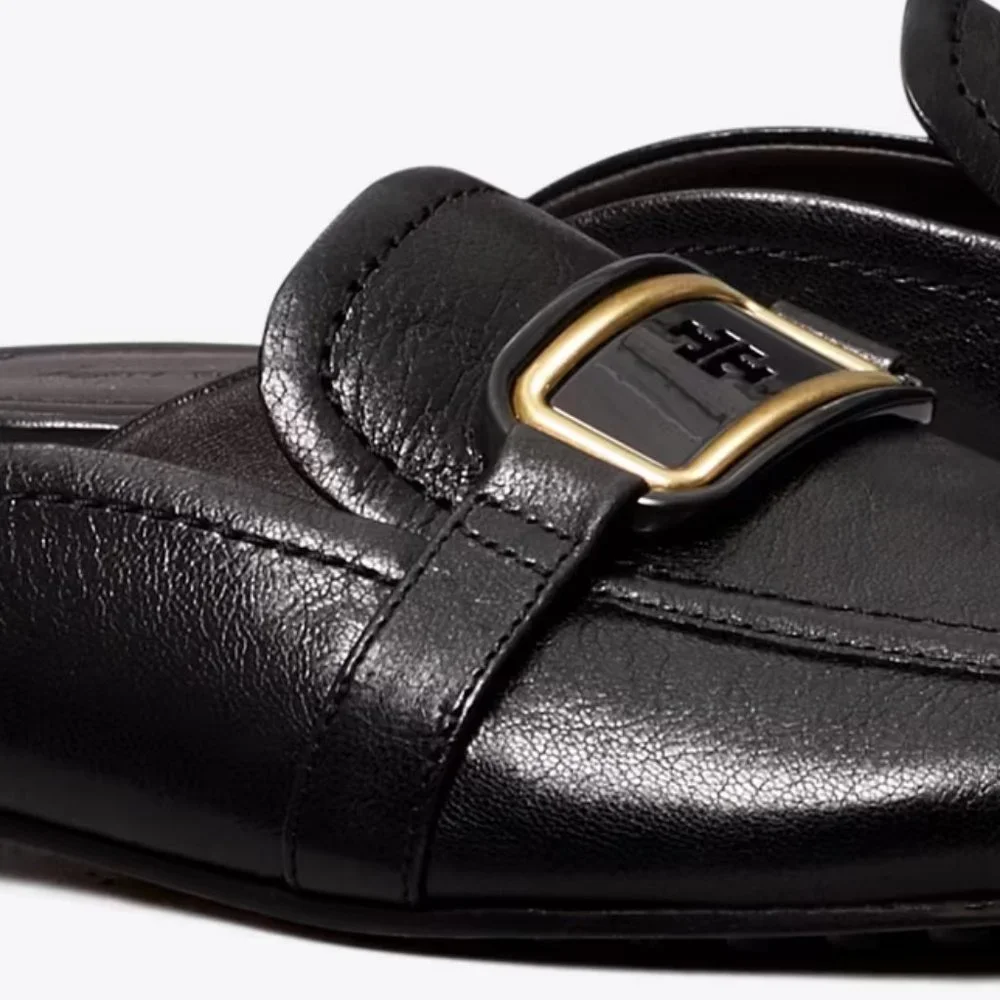 Tory Burch $298 Georgia Backless Loafer Flats Mules Black Gold Logo